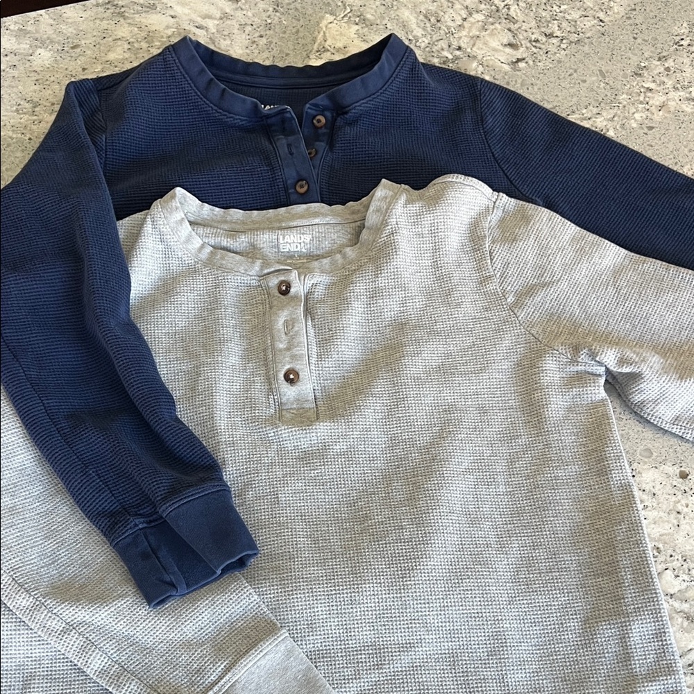 TWO Lands' End Boy’s Long Sleeve Henley Shirts - Navy and Light Gray Size L